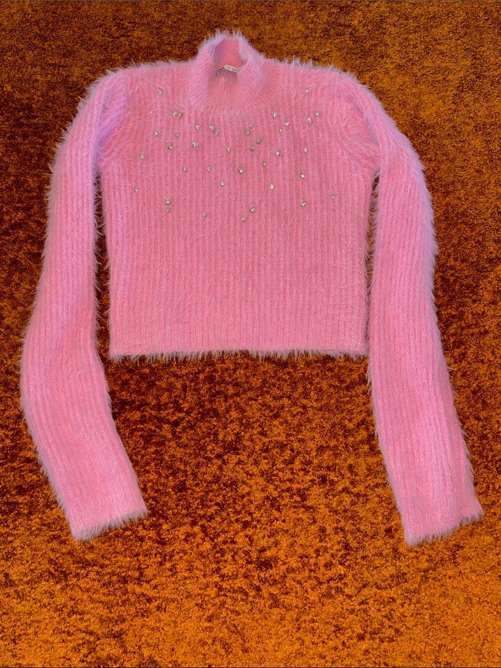 Zara Pink Fuzzy Beaded Cropped Sweater